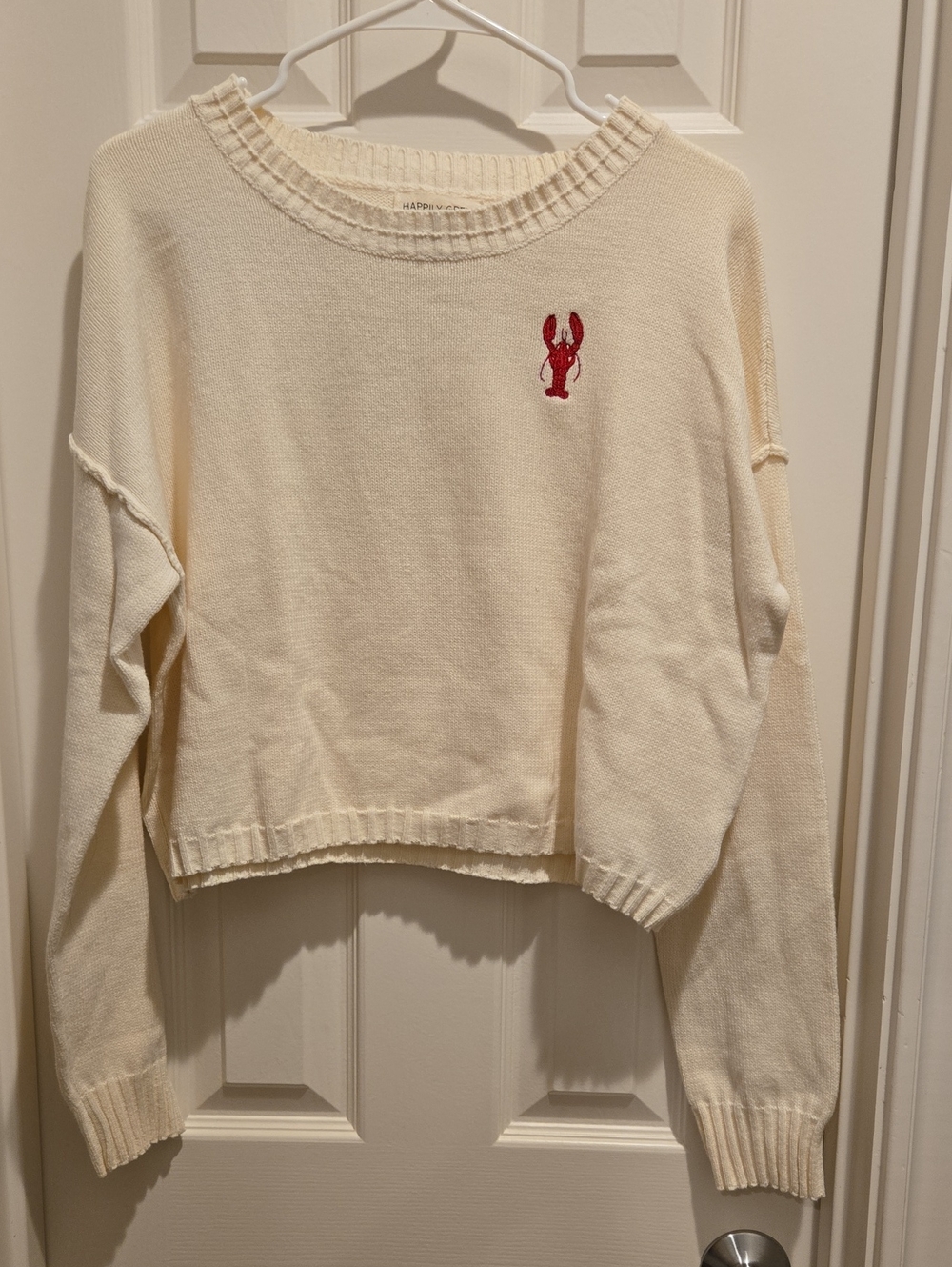 Cream Crewneck Sweater with Red Lobster Embroidery